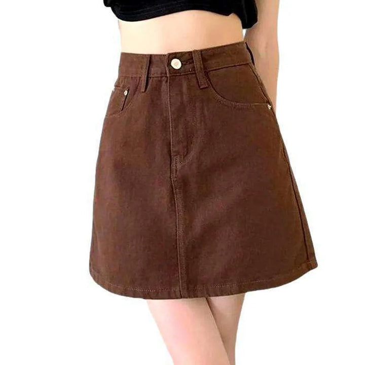 Star embroidery brown denim skirt