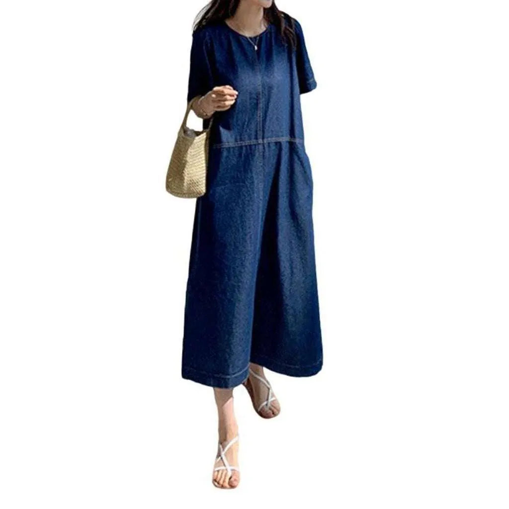 Stonewashed A-line Denim Dress - Dark Blue