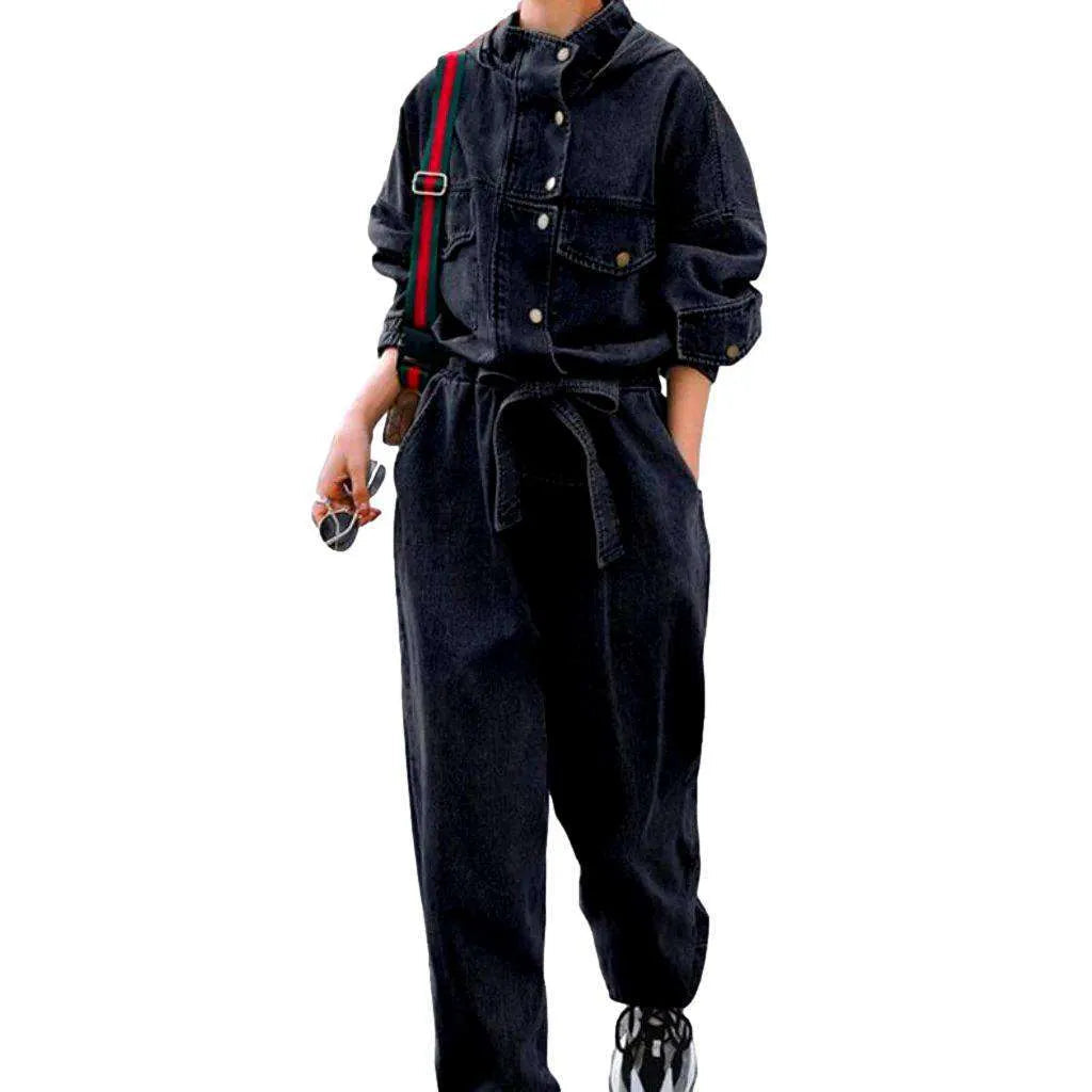 Stonewashed Women's Denim Jumpsuit - Black