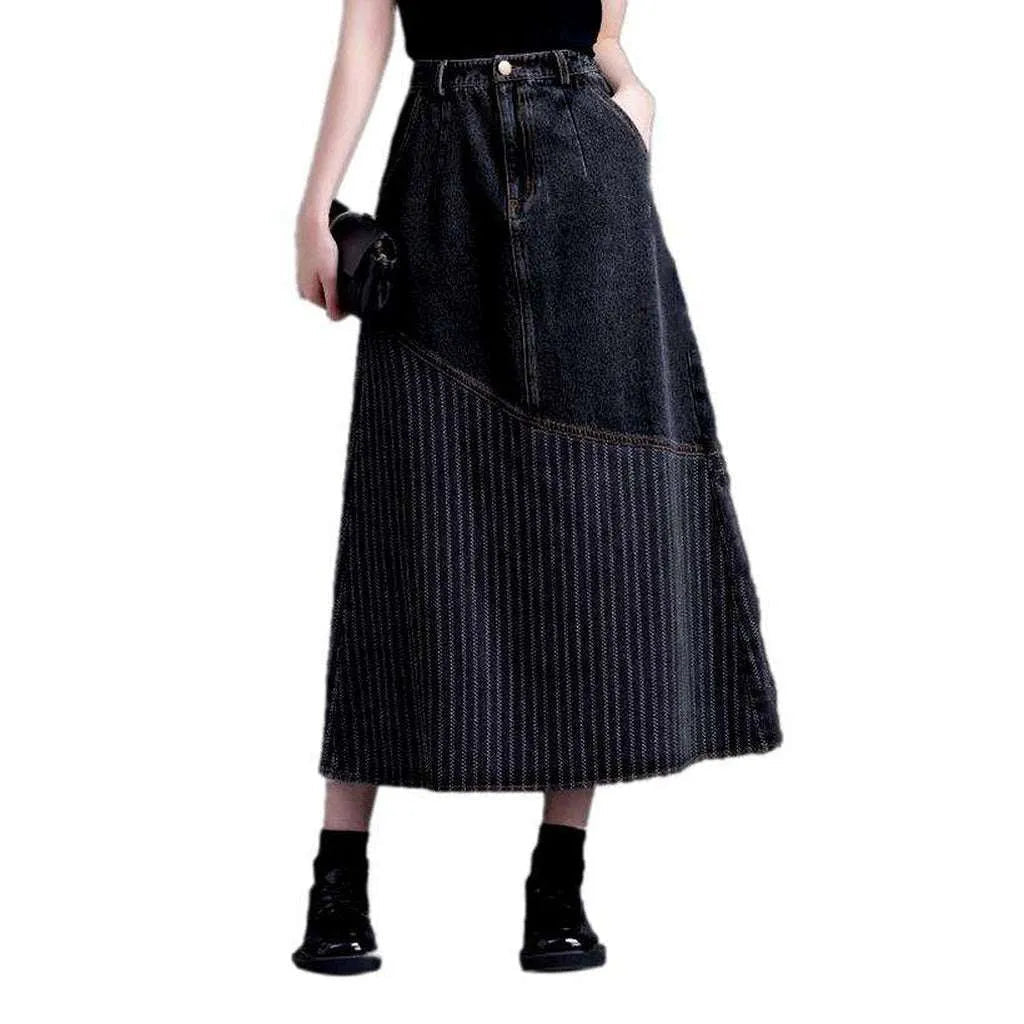 Striped patchwork long denim skirt