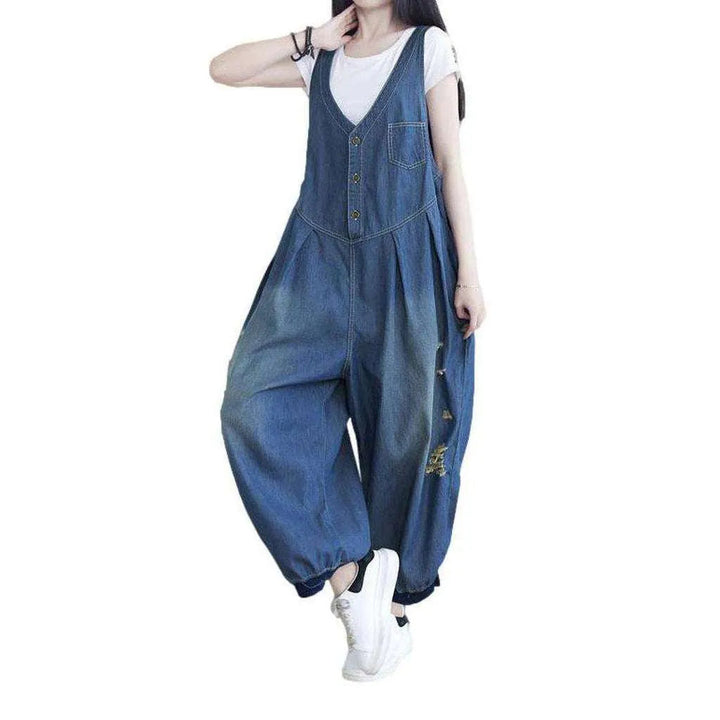 Trendy Women's Ripped Jeans Jumpsuit - Blue