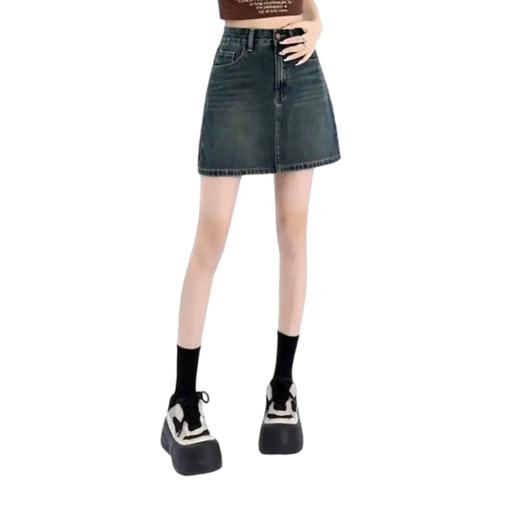 Whiskered high-waist jean skort