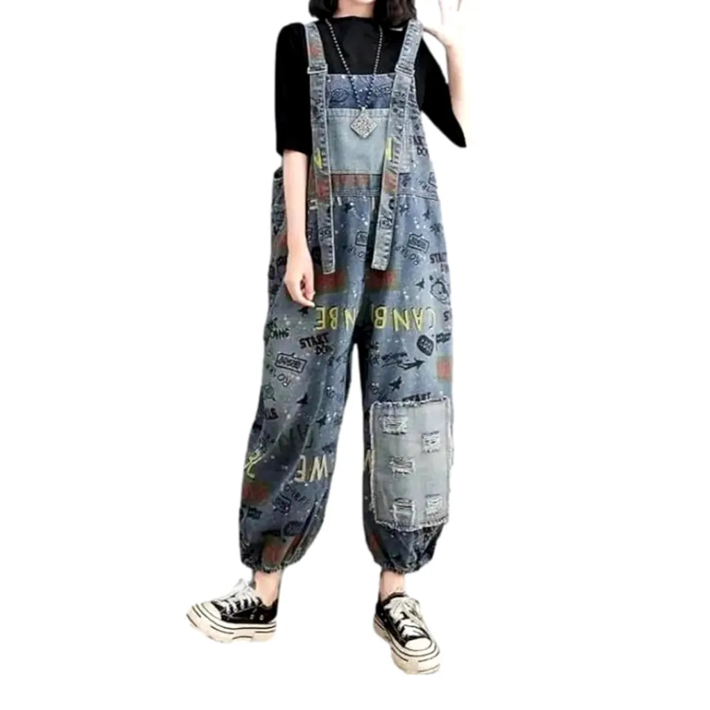 Women's Baggy Patchwork Jeans Overall - Light Blue