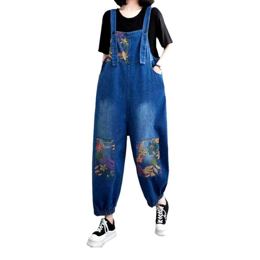 Floral Women's Denim Dungaree - Blue