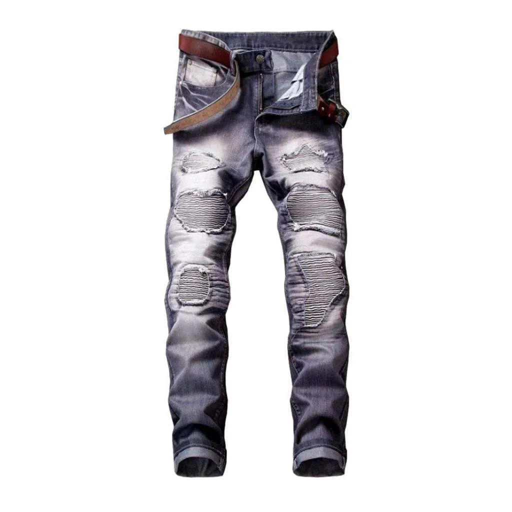 Wrinkled patchwork grey men's jeans