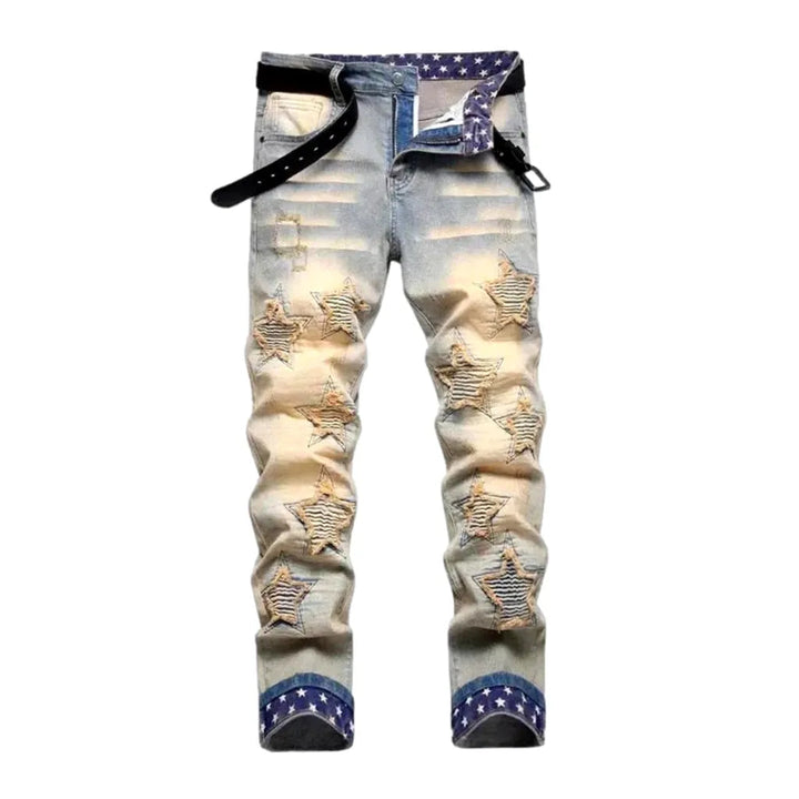 Yellow-cast stars-embroidery jeans
 for men